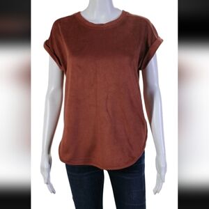 Cupio Round Neck Cuff Sleeves Curve Hem Blouse Burnt Orange Size XS